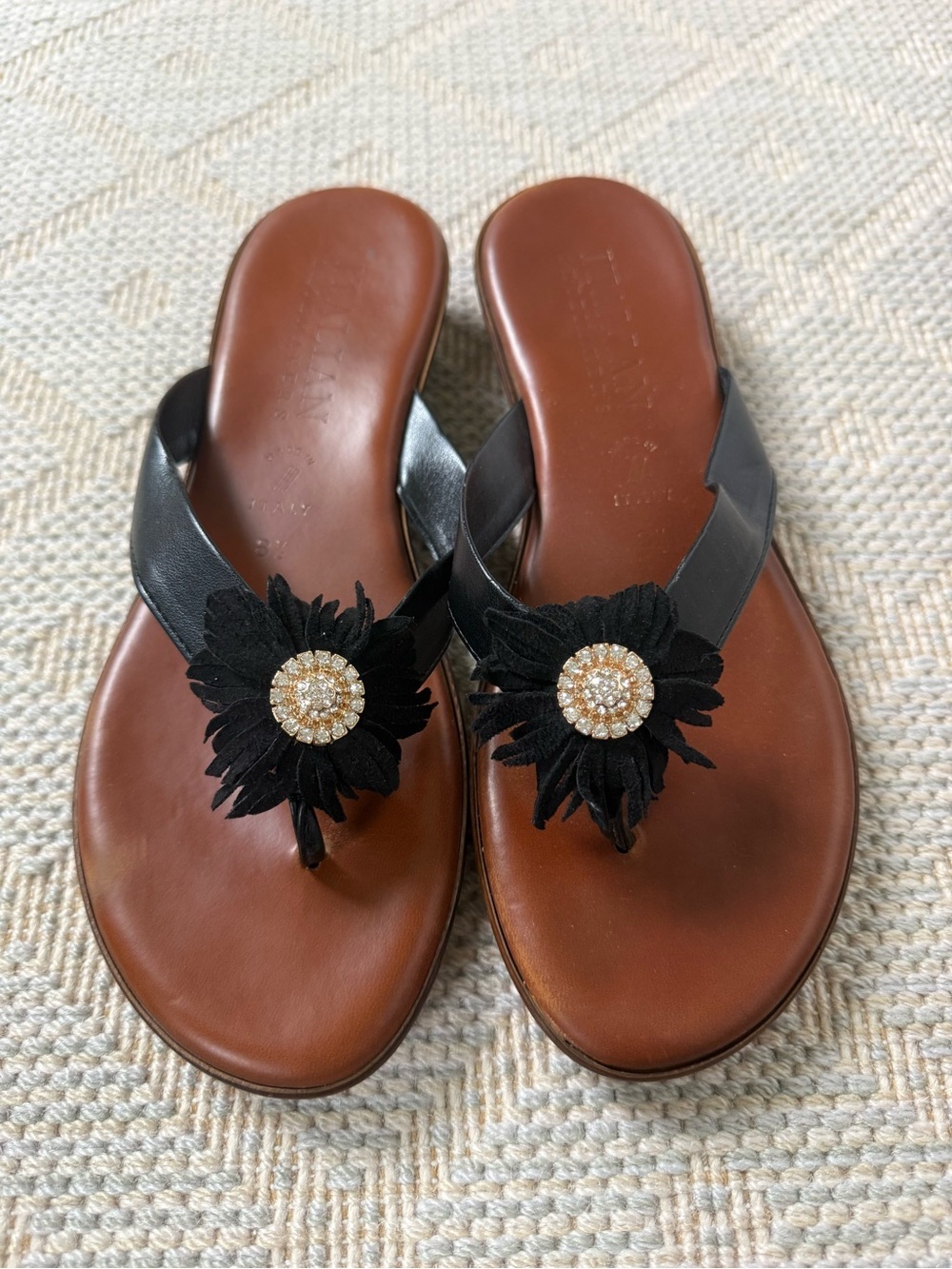 Black Floral Toe-Post Sandals with Brown Footbed